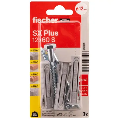Дюбел пластмасов Fischer с опорен пръстен и патентен болт ф 12x60 мм, 3 бр./опак., SX Plus S K