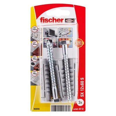 Дюбел пластмасов Fischer с опорен пръстен и патентен болт ф 12x60 мм, 3 бр./опак., SX S K NV