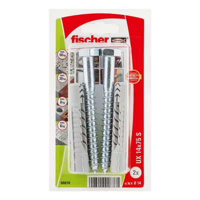 Дюбел пластмасов Fischer с опорен пръстен и патентен болт ф 14x75 мм, 2 бр./опак., UX S K NV