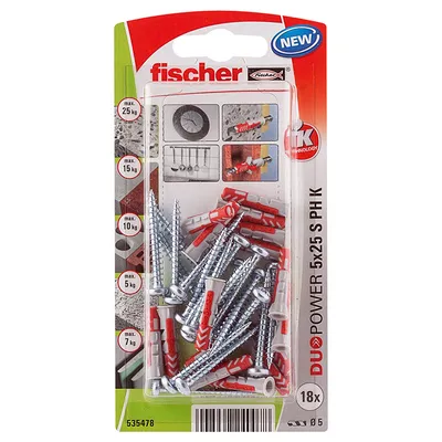 Дюбел пластмасов Fischer с опорен пръстен и винт PZ ф 5x25 мм, 18 бр./опак., Duopower S PH K NV
