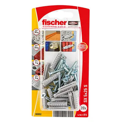 Дюбел пластмасов Fischer с опорен пръстен и винт PZ ф 5x25 мм, 20 бр./опак., SX S K NV