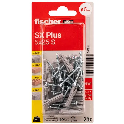 Дюбел пластмасов Fischer с опорен пръстен и винт PZ ф 5x25 мм, 25 бр./опак., SX Plus S K