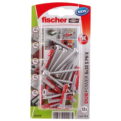 Дюбел пластмасов Fischer с опорен пръстен и винт PZ ф 6x30 мм, 12 бр./опак., Duopower S PH K NV