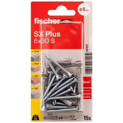 Дюбел пластмасов Fischer с опорен пръстен и винт PZ ф 6x30 мм, 15 бр./опак., SX Plus S K