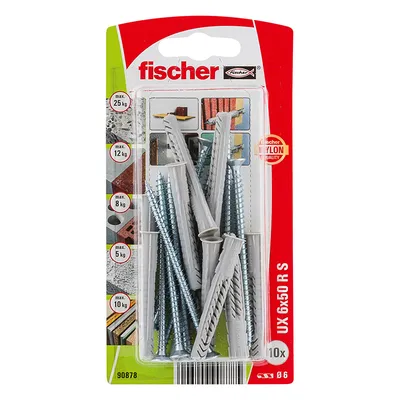 Дюбел пластмасов Fischer с опорен пръстен и винт PZ ф 6x50 мм, 10 бр./опак., UX R S K NV