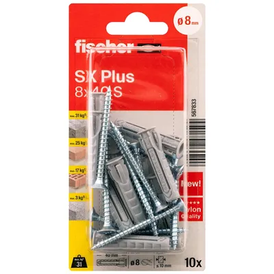 Дюбел пластмасов Fischer с опорен пръстен и винт PZ ф 8x40 мм, 10 бр./опак., SX Plus S K