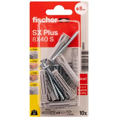 Дюбел пластмасов Fischer с опорен пръстен и винт PZ ф 8x40 мм, 10 бр./опак., SX Plus S K