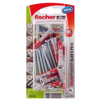 Дюбел пластмасов Fischer с опорен пръстен и винт PZ ф 8x40 мм, 8 бр./опак., Duopower S PH K NV