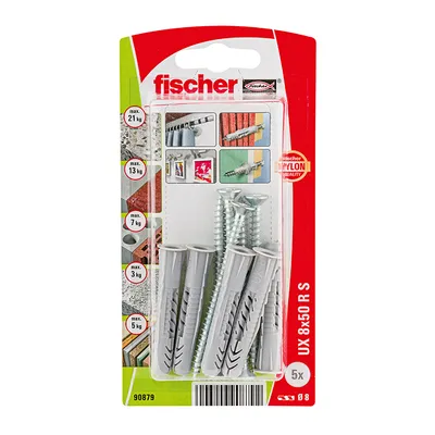 Дюбел пластмасов Fischer с опорен пръстен и винт PZ  ф 8x50 мм, 5 бр./опак., UX R S K NV