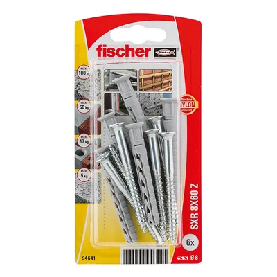 Дюбел пластмасов Fischer с опорен пръстен и винт PZ ф 8x60 мм, 6 бр./опак., SXR Z K NV