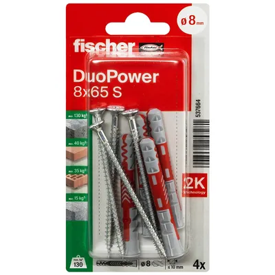 Дюбел пластмасов Fischer с опорен пръстен и винт PZ  ф 8x65 мм, 4 бр./опак., DuoPower S K NV