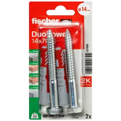 Дюбел пластмасов Fischer с опорен пръстен и винт SW  ф 14x70 мм, 2 бр./опак., DuoPower S K NV