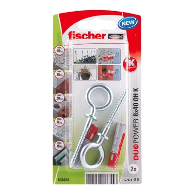 Дюбел пластмасов Fischer с опорен пръстен и затворена кука  ф 8x40 мм, 2 бр./опак., Duopower 8 x 40 OH