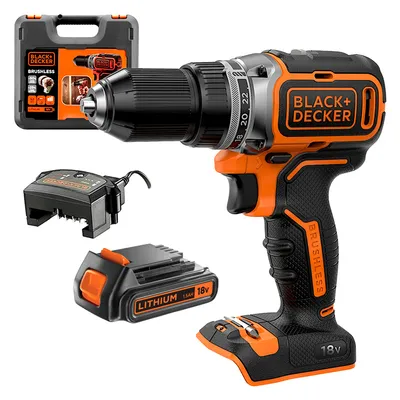 Акумулаторен винтоверт Black & Decker с безчетков двигател с 1 батерия и зарядно, 18 V, 1.5 Ah, 52 Nm, 13 мм, BL186K