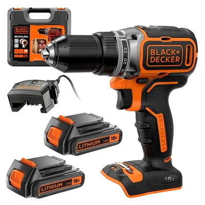 Акумулаторен винтоверт Black & Decker с безчетков двигател с 2 батерии и зарядно, 18 V, 1.5 Ah, 52 Nm, 13 мм, BL186KB