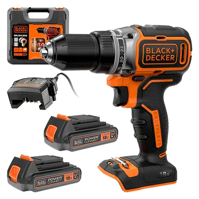 Акумулаторен винтоверт Black & Decker с безчетков двигател с 2 батерии и зарядно, 18 V, 2 Ah, 52 Nm, 13 мм, BL186K1B2