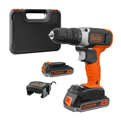 Акумулаторен винтоверт Black & Decker с колекторен двигател с 2 батерии и зарядно, 18 V, 2.5 Ah, 37 Nm, 10 мм, BCD001E2K