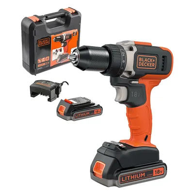 Акумулаторен винтоверт Black & Decker с колекторен двигател с 2 батерии и зарядно, 18 V, 2.5 Ah, 38 Nm, 10 мм, BCD002ME2K