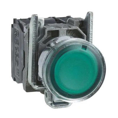 Бутонен превключвател Schneider Electric с пружинно връщане светещ  3 A, 230 V, 1 NO + 1 NC, зелен, Harmony XB4
