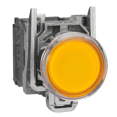 Бутонен превключвател Schneider Electric с пружинно връщане светещ 3 A, 24 V, 1 NO + 1 NC, жълт, Harmony XB4