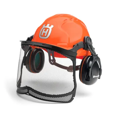 Каска Husqvarna Construction противоударна с антифони и метална защитна мрежа 26 dB, оранжева, Classic