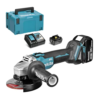 Акумулаторен ъглошлайф Makita с 2 батерии и зарядно, 18 V, 5 Ah, 125 мм, 8500 об./мин, DGA504RTJ