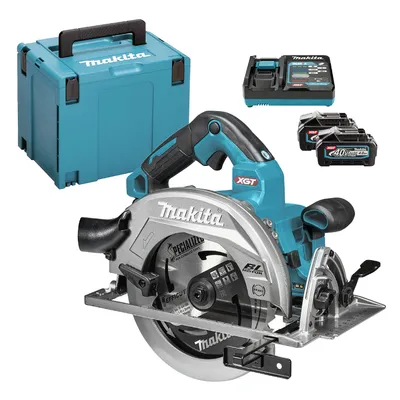 Акумулаторен ръчен циркуляр Makita с 2 батерии и зарядно, 40 V, 4 Ah, ф 185/190 мм, 6000 об./мин, HS003GM201