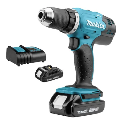 Акумулаторен винтоверт Makita с колекторен двигател с 2 батерии и зарядно, 18 V, 1.5 Ah, 42 Nm, 1.5-13 мм, DDF453SYX4
