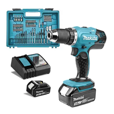 Акумулаторен винтоверт Makita с колекторен двигател с 2 батерии и зарядно, 18 V, 3 Ah, 42 Nm, 1.5-13 мм, DDF453RFX1