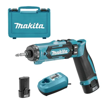 Акумулаторен винтоверт Makita с колекторен двигател с 2 батерии и зарядно, 7.2 V, 1.5 Ah, 5.6 Nm, 6.35 мм, 1/4", шестостен, DF012DSE