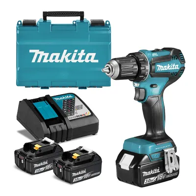 Акумулаторен винтоверт Makita с колекторен двигател  с 3 батерии и зарядно, 18 V, 3 Ah, 62 Nm, 1.5-13 мм, DDF482RFE3