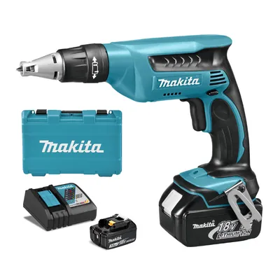 Акумулаторен винтоверт Makita с колекторен двигател за сухо строителство с 2 батерии и зарядно, 18 V, 3 Ah, 13.7 Nm, 1/4", шестостен, DFS451RFE