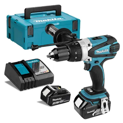 Акумулаторна ударна бормашина Makita  с 2 батерии и зарядно, 18 V, 3 Ah, 91 Nm, 0-400/0-2000 об./мин, 1.5-13 мм, DHP458RFJ