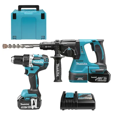 Комплект акумулаторни инструменти Makita с 2 батерии и зарядно, DDF484, DHR243, 18 V, 5 Ah, DLX2191TJ