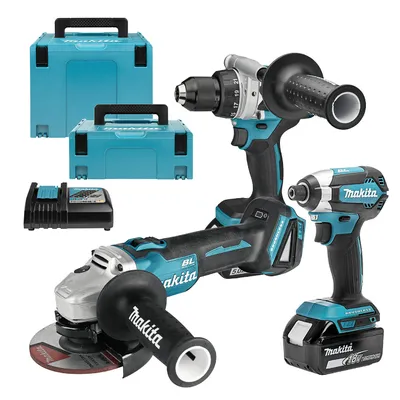 Комплект акумулаторни инструменти Makita с 2 батерии и зарядно, DDF486, DTD153, DGA504, 18 V, 5 Ah, DLX3155TJ