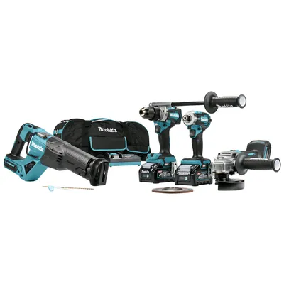 Комплект акумулаторни инструменти Makita с 2 батерии и зарядно, DF001G, TD001G, GA005G, JR001G, 40 V, 4 Ah, DK0126G401