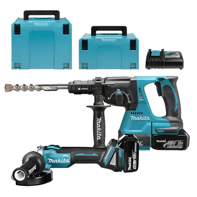 Комплект акумулаторни инструменти Makita с 2 батерии и зарядно, DGA504, DHR243, 18 V, 5 Ah, DLX2125TJ1