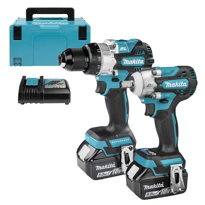 Комплект акумулаторни инструменти Makita с 2 батерии и зарядно, DHP486, DTW301, 18 V, 5 Ah, DLX2433TJ