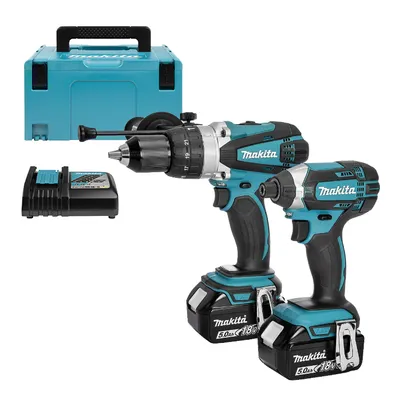 Комплект акумулаторни инструменти Makita с 2 батерии и зарядно, DTD152, DHP458, 18 V, 5 Ah, DLX2145TJ