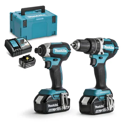 Комплект акумулаторни инструменти Makita с 3 батерии и зарядно, DDF482, DTD152, 18 V, 5 Ah, DLX2127TJ1