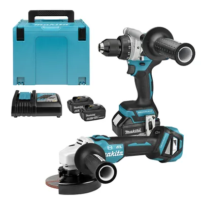 Комплект акумулаторни инструменти Makita с 3 батерии и зарядно, DDF486, DGA513, 18 V, 5 Ah, DLX2431TJ