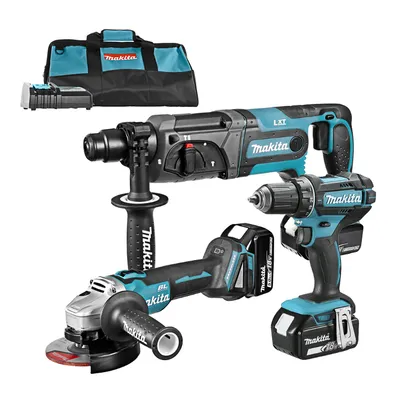 Комплект акумулаторни инструменти Makita с 3 батерии и зарядно, DGA504, DHR241, DDF482, 18 V, 5 Ah, DLX3078TX1