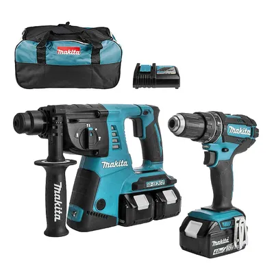 Комплект акумулаторни инструменти Makita с 3 батерии и зарядно, DHP482, DHR263, 18 V, 4 Ah, DLX2137M