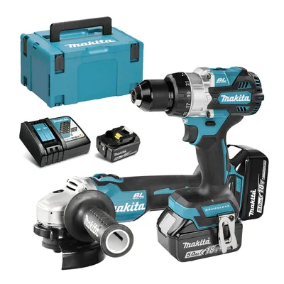Комплект акумулаторни инструменти Makita с 3 батерии и зарядно, DHP486, DGA506, 18 V, 5 Ah, DLX2434TJ