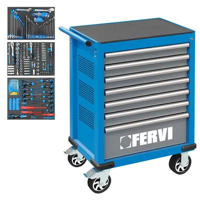 Шкаф Fervi с инструменти метален подвижен 235 бр., 770x460x985 мм, 190 кг, син, C960C3C
