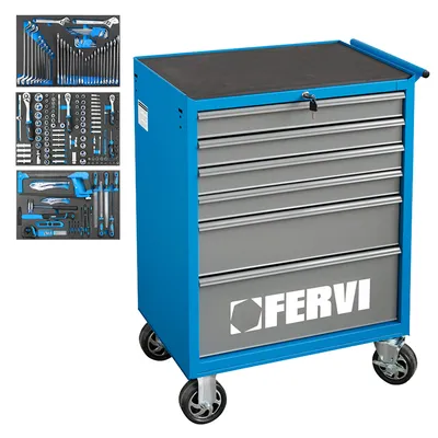 Шкаф Fervi с инструменти метален подвижен 290 бр., 744x461x964 мм, 150 кг, син, C900CA