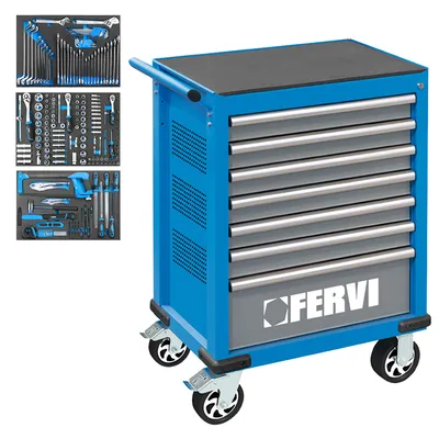 Шкаф Fervi с инструменти метален подвижен 290 бр., 770x460x985 мм, 190 кг, син, C960CA