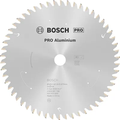 Диск карбиден за рязане Bosch на алуминий 165 мм, 15.88 мм, 1.3 мм, 54 z, PRO Aluminium cordless