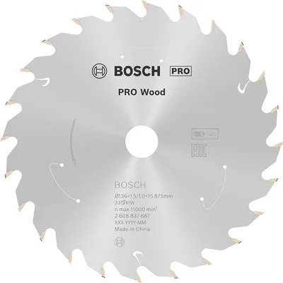 Диск карбиден за рязане Bosch на дърво 136 мм, 15.88 мм, 1 мм, 24 z, PRO Wood cordless