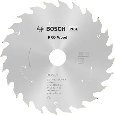Диск карбиден за рязане Bosch на дърво 136 мм, 20 мм, 1 мм, 24 z, PRO Wood cordless